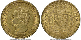 Sardinia. Carlo Felice gold 80 Lire 1827 (Anchor)-P AU55 NGC, Genoa mint, KM123.2, Fr-1133. Retaining an appreciable degree of detail to Carlo Felice'...