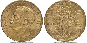 Vittorio Emanuele III gold "Kingdom Anniversary" 50 Lire 1911-R MS62 NGC, Rome mint, KM54, Fr-25. Exhibiting lightly subdued luster from the effects o...