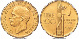 Vittorio Emanuele III gold 100 Lire 1923-R MS62 NGC, Rome mint, KM65, Fr-30. Mintage: 20,000. A popular one-year type, introduced to commemorate the f...