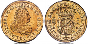 Philip V gold 4 Escudos 1734 Mo-MF AU55 NGC, Mexico City mint, KM135, Cal-240. An impressive representative of this elusive early date, still quite lu...