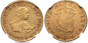 Ferdinand VI gold 4 Escudos 1756 Mo-MM AU50 NGC, Mexico City mint, KM138, Cal-713. A pleasing representative that reveals balanced circulation wear ov...