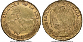 Republic gold 8 Escudos 1855/4 Do-CP AU58 NGC, Durango mint, KM383.3, Fr-68. A gratifying example of the type whose convex curvature yields bright sat...