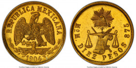 Republic gold 10 Pesos 1904 Mo-M MS64 Prooflike PCGS, Mexico City mint, KM413.7, Fr-128. Mintage: 694. Struck to a laudable caliber of technical preci...