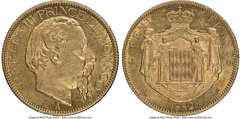 Charles III gold 100 Francs 1882-A MS61 NGC, Paris mint, KM99. Mintage: 5,000. T...