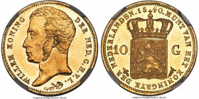 Willem I gold 10 Gulden 1840 MS65 NGC, Utrecht mint, KM56, Fr-327. Remarkably lustrous and possessing fully-endowed motifs throughout, largely devoid ...