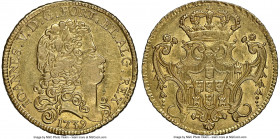 João V gold 4 Escudos (Peça) 1739 AU55 NGC, Lisbon mint, KM221.9. A scarce year to come by, with only a small handful of known examples certified by e...