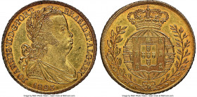 João VI gold 6400 Reis (Peça) 1823 MS62 NGC, Lisbon mint, KM364, Fr-128. Exhibiting appealing and original tangerine-gold tone and soft accents of pat...