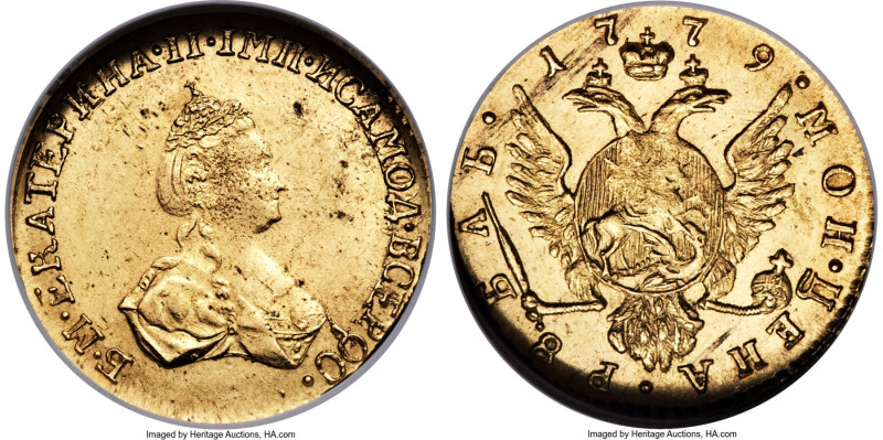 Catherine II gold Rouble 1779 MS62 NGC, St. Petersburg mint, KM-C76, Bit-115 (R)...
