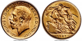 George V gold Sovereign 1927-SA MS65 PCGS, Pretoria mint, KM21, S-4004. Blooming golden luster and carefully preserved surfaces render this gem exampl...