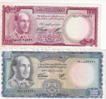 Afghanistan, 100-500 Afghanis, 1967, p44; p45, (Total 2 banknotes)
100 Afghanis, AUNC; 500 Afghanis, XF(+)
Estimate: USD 30-60