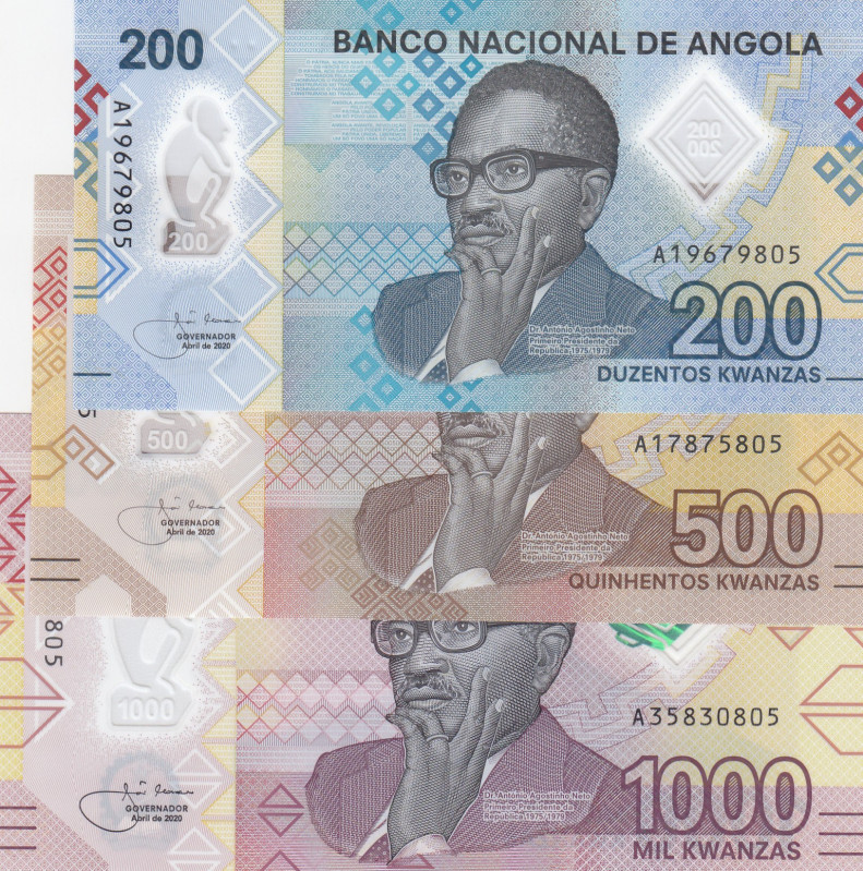 Angola, 200-500-1.000 Kwanzas, 2020, UNC, pNew, (Total 3 banknotes)
Polymer pla...