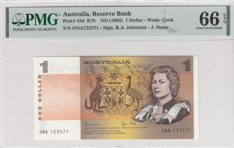 Australia, 1 Dollar, 1983, UNC, p42d
PMG 66 EPQ, Commemorative banknot, Queen E...