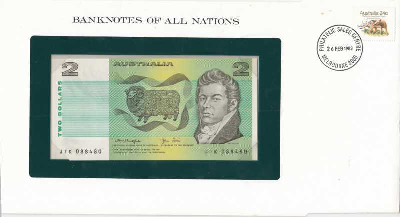 Australia, 2 Dollars, 1974/1985, UNC, p43c, FOLDER
1 banknote in its special pa...