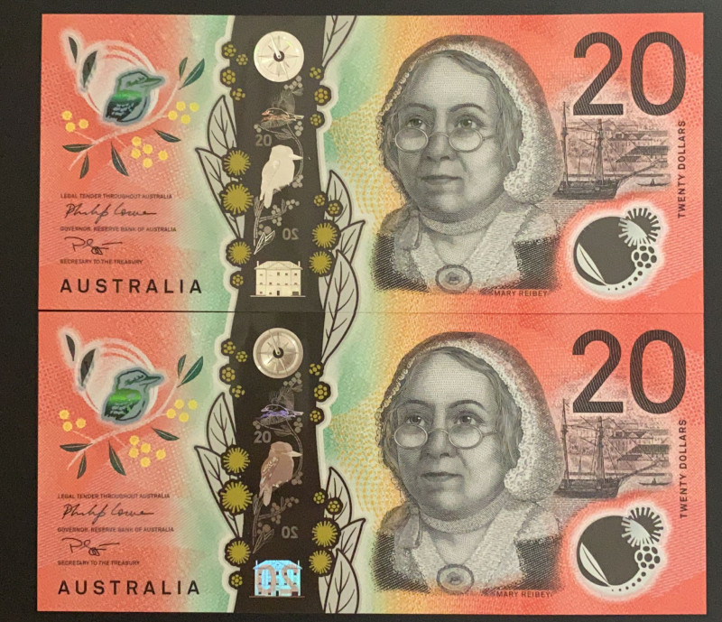 Australia, 20 Dollars, 2019, UNC, pNew, (Total 2 consecutive banknotes)
Polymer...