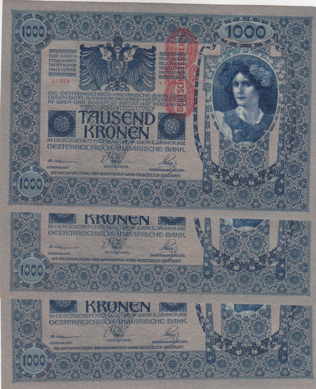 Austria, 1.000 Kronen, 1919, UNC, p59, (Total 3 consecutive banknotes)
Estimate...