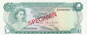 Bahamas, 1 Dollar, 1968, UNC, p27s, SPECIMEN
Queen Elizabeth II. Potrait
Estimate: USD 120-240