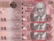 Bahamas, 5 Dollars, 2013, UNC, p72b, (Total 3 consecutive banknotes)
Estimate: USD 25-50