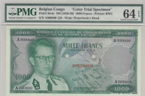 Belgian Congo, 1.000 Francs, 1958/1959, UNC, p35cts, SPECIMEN
PMG 64 EPQ, Color Experiment
Estimate: USD 1200-2400