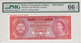 Belize, 5 Dollars, 1975/1976, UNC, p35s, SPECIMEN
PMG 66 EPQ, Queen Elizabeth II. Potrait
Estimate: USD 400-800