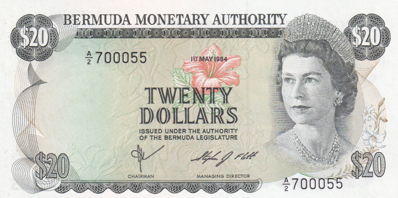 Bermuda, 20 Dollars, 1984, UNC, p31c
Queen Elizabeth II. Potrait
Estimate: USD...