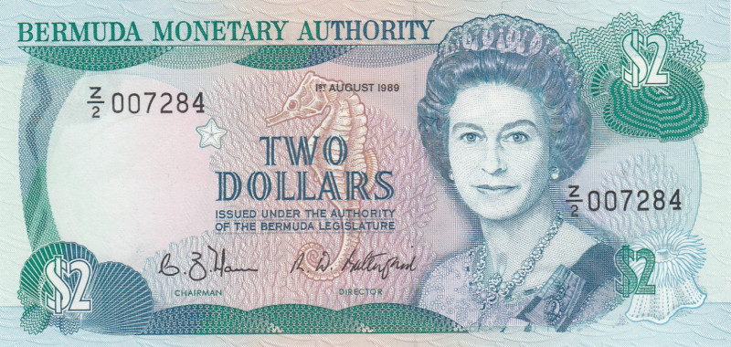 Bermuda, 2 Dollars, 1989, UNC, p34r, REPLACEMENT
Queen Elizabeth II. Potrait
E...
