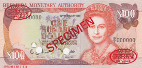 Bermuda, 100 Dollars, 1989, UNC, p39s, SPECIMEN
Queen Elizabeth II. Potrait
Estimate: USD 250-500