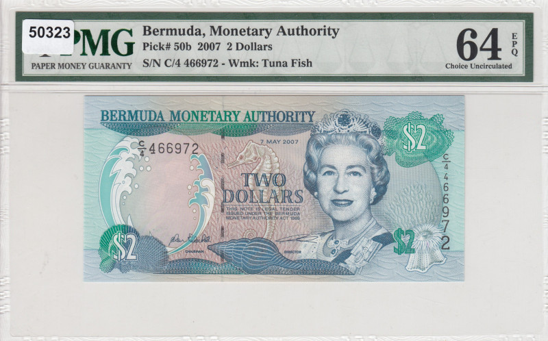 Bermuda, 2 Dollars, 2007, UNC, p50b
PMG 64 EPQ, Queen Elizabeth II. Potrait
Es...