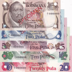 Botswana, 1-2-5-10-20 Pula, 1976/1979, UNC, p1s-p5s, SPECIMEN
(Total 5 banknotes)
Estimate: USD 350-700