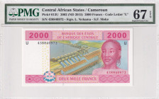 Central African States, 2.000 Francs, 2002, UNC, p613U
PMG 67 EPQ, High condition , "U'' Cameroun
Estimate: USD 30-60