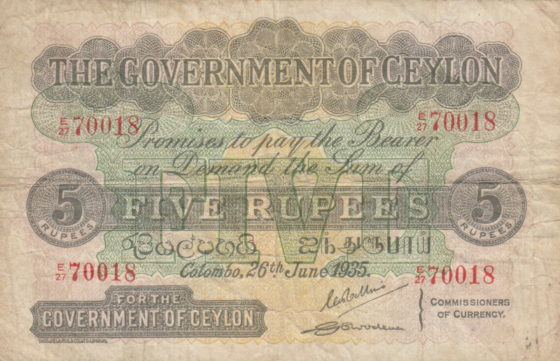 Ceylon, 5 Rupees, 1935, FINE(+), p23b
There are stains and openings.
Estimate:...