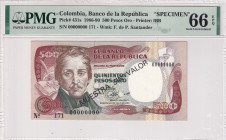 Colombia, 500 Pesos Oro, 1986/1990, UNC, p431s, SPECIMEN
PMG 66 EPQ
Estimate: USD 125-250