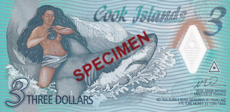 Cook Islands, 3 Dollars, 2021, UNC, pNew, SPECIMEN
Polymer plastics banknote
E...