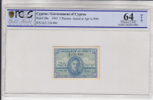 Cyprus, 3 Piastres, 1943, UNC, p28a
PCGS 64 OPQ, Rare
Estimate: USD 400-800