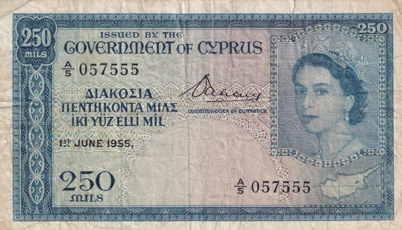 Cyprus, 250 Mils, 1955, VF, p33a
There is a tear in the upper right.
Estimate:...