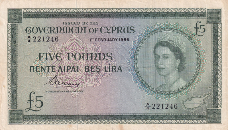 Cyprus, 5 Pounds, 1956, VF, p36a
Stained, Queen Elizabeth II. Potrait
Estimate...