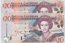 East Caribbean States, 20 Dollars, 2000, UNC, p39g, (Total 2 consecutive banknotes)
Queen Elizabeth II. Potrait
Estimate: USD 100-200