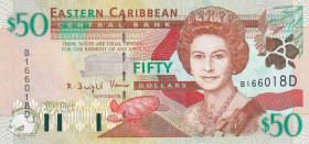 East Caribbean States, 50 Dollars, 2000, UNC, p40d
Queen Elizabeth II. Potrait
Estimate: USD 150-300