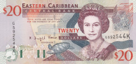 East Caribbean States, 20 Dollars, 2003, UNC, p44k
Queen Elizabeth II. Potrait, St. Kitts
Estimate: USD 30-60