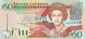 East Caribbean States, 50 Dollars, 2003, UNC, p45m
Queen Elizabeth II. Potrait
Estimate: USD 150-300