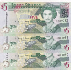 East Caribbean States, 5 Dollars, 2008, UNC, p47a, (Total 3 consecutive banknotes)
Queen Elizabeth II. Potrait
Estimate: USD 30-60