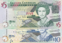 East Caribbean States, 5-10 Dollars, 2008/2012, UNC, p47; p52, (Total 2 banknotes)
Queen Elizabeth II. Potrait
Estimate: USD 20-40