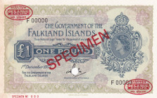Falkland Islands, 1 Pound, 1977, UNC(-), p8cs, SPECIMEN
Stained, Queen Elizabeth II. Potrait
Estimate: USD 600-1200