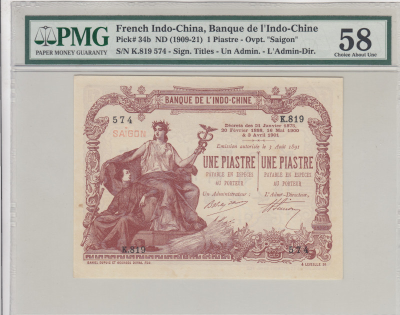 French Indo-China, 1 Piastre, 1909/1921, AUNC, p34b
PMG 58
Estimate: USD 250-5...
