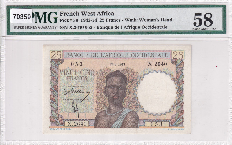 French West Africa, 25 Francs, 1943/1954, AUNC, p38
PMG 58
Estimate: USD 125-2...