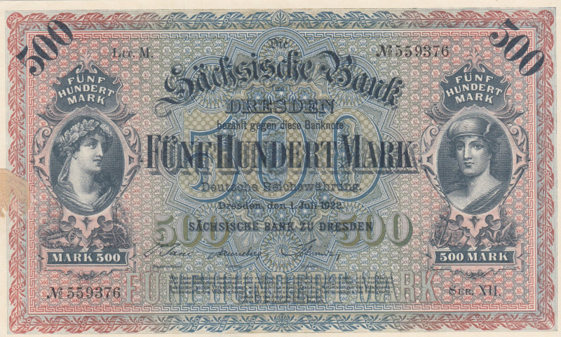 Germany, 500 Mark, 1922, UNC, pS954
Paper stuck to left middle border
Estimate...