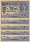 Germany, 5 Mark, 1917, UNC, p56b, (Total 5 consecutive banknotes)
Estimate: USD 30-60