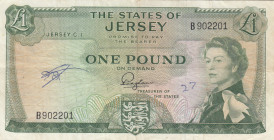 Jersey, 1 Pound, 1963, VF, p8a
Queen Elizabeth II. Potrait, Has a ballpoint pen and smudge
Estimate: USD 30-60