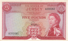 Jersey, 5 Pounds, 1963, UNC, p9a
Top 100 Serial Numbers, Queen Elizabeth II. Potrait
Estimate: USD 900-1800