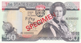 Jersey, 50 Pounds, 1989, UNC, p19s, SPECIMEN
Queen Elizabeth II. Potrait
Estimate: USD 100-200