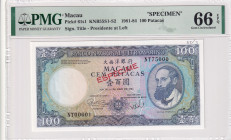 Macau, 100 Patacas, 1984, UNC, p61s1, SPECIMEN
PMG 66 EPQ
Estimate: USD 600-1200
